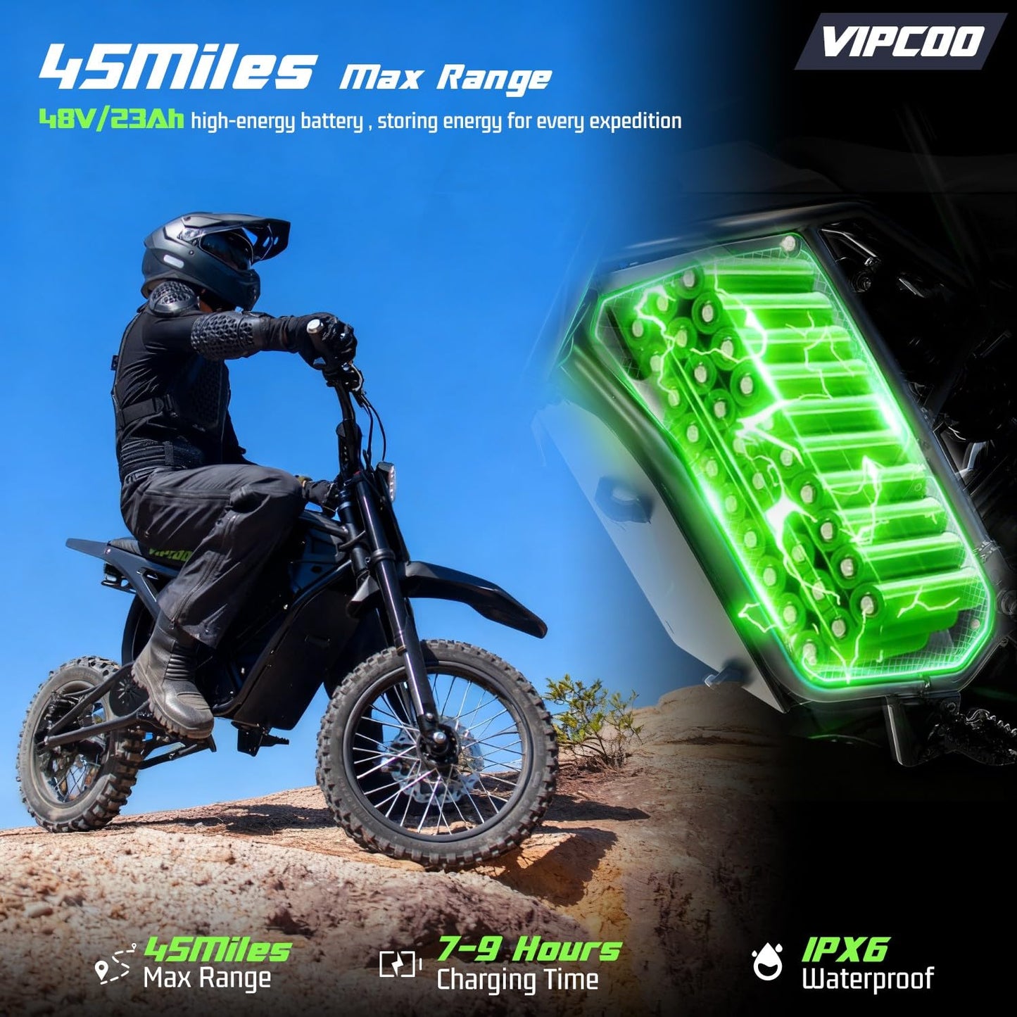 VIPCOO H3 Electric Dirt Bike for Teens and Adults, 3500W Electric Motorcycle, Up to 40MPH / 45° Slope / 45 Miles Range, 14"/12" Fat Tire E Dirt Bike with Nitrogen Suspension Fit Age 13+
