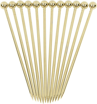 Cocktail Picks Stainless Steel Martini Skewer Reusable Ball Top, Gold (Set of 12)