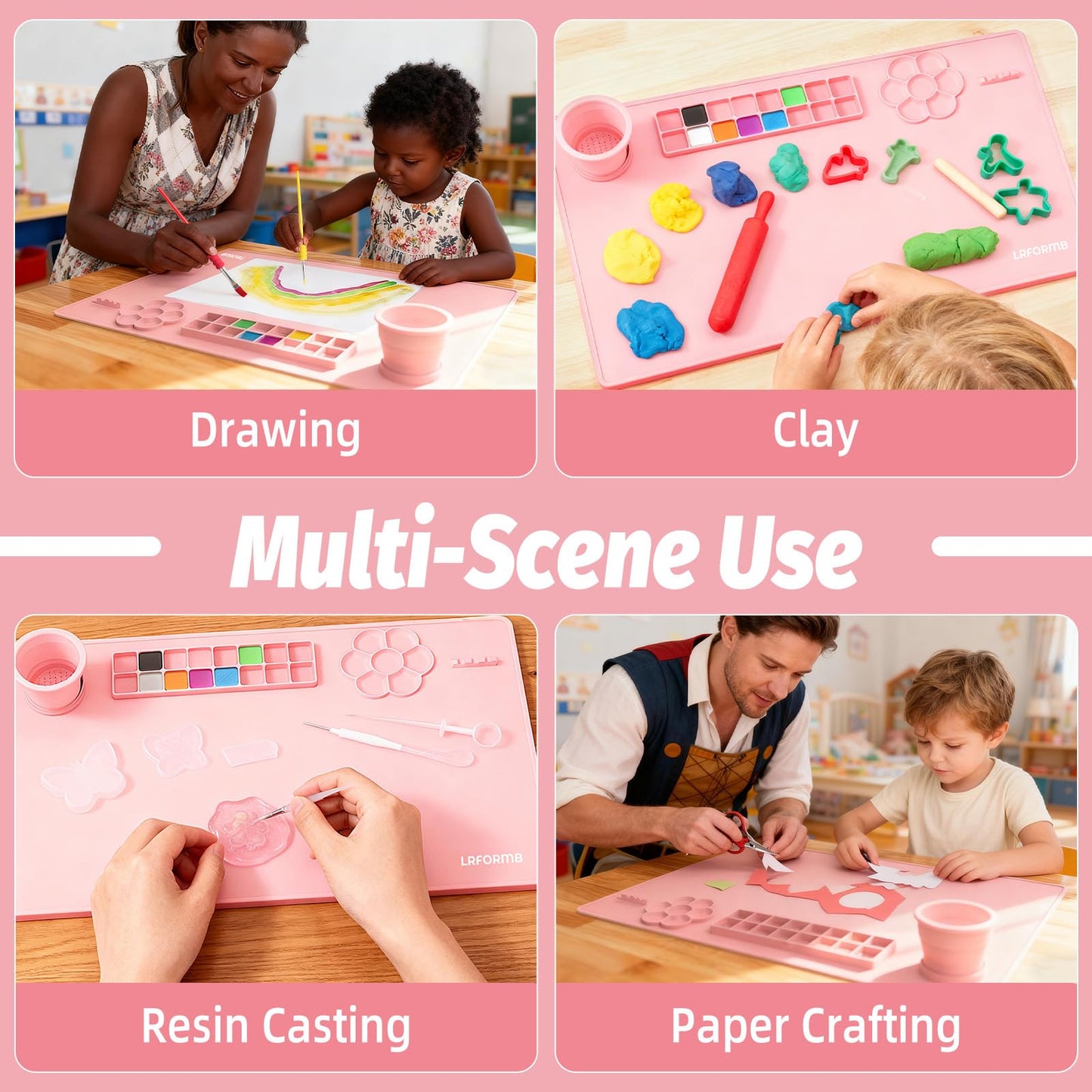 LRFORMB Silicone Painting Mat for Table Protection, 23.6 x 15.8in Drawing Mat with Nylon Brushes for Children, Art Mats with Cleaning Cup, Paint Palette, Clay Craft Mats for DIY (Pink)