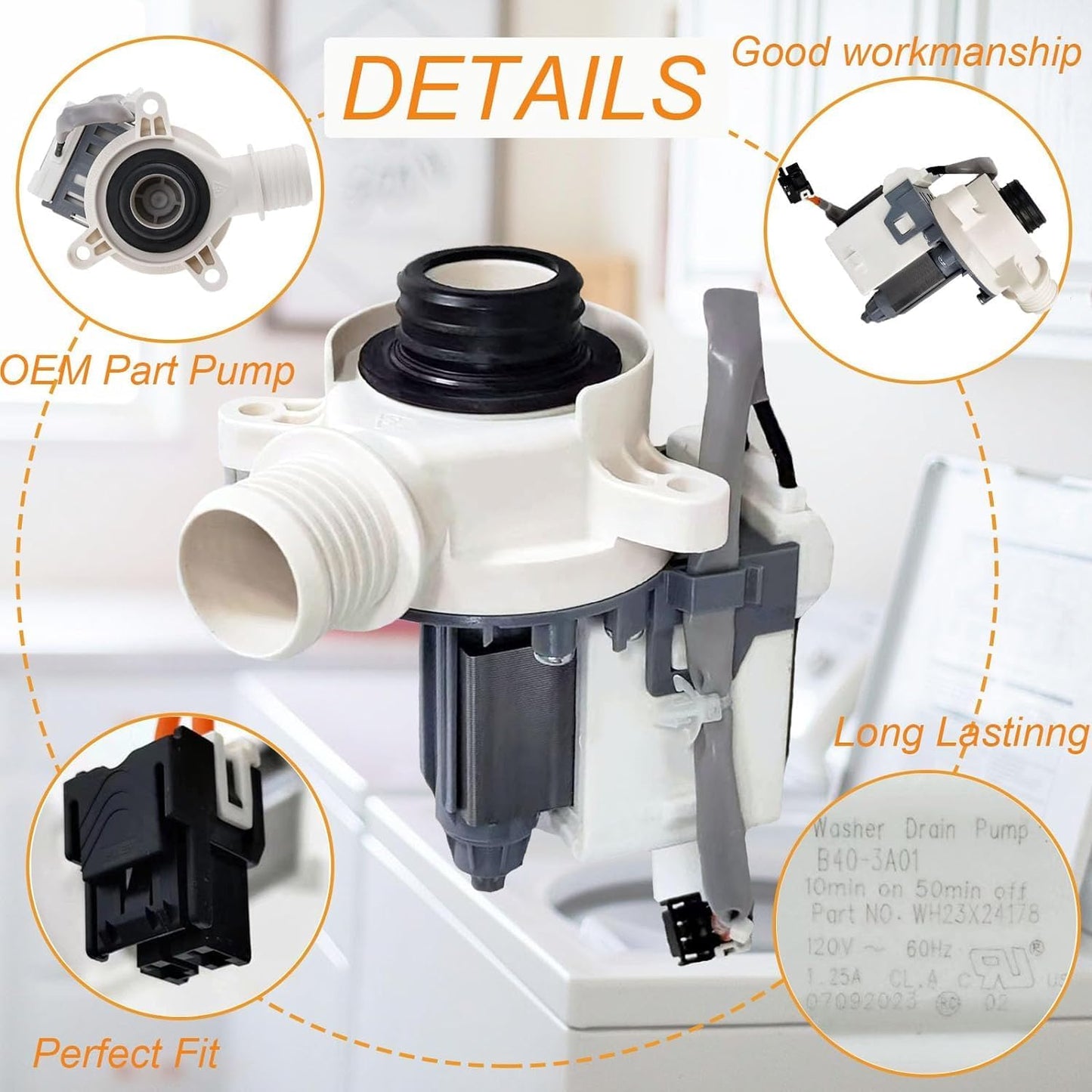 WH23X28418 Washer Drain Pump Assembly Compatible with GE Hotpoint - Replaces WH23X24178, WH23X27574, 4958182,