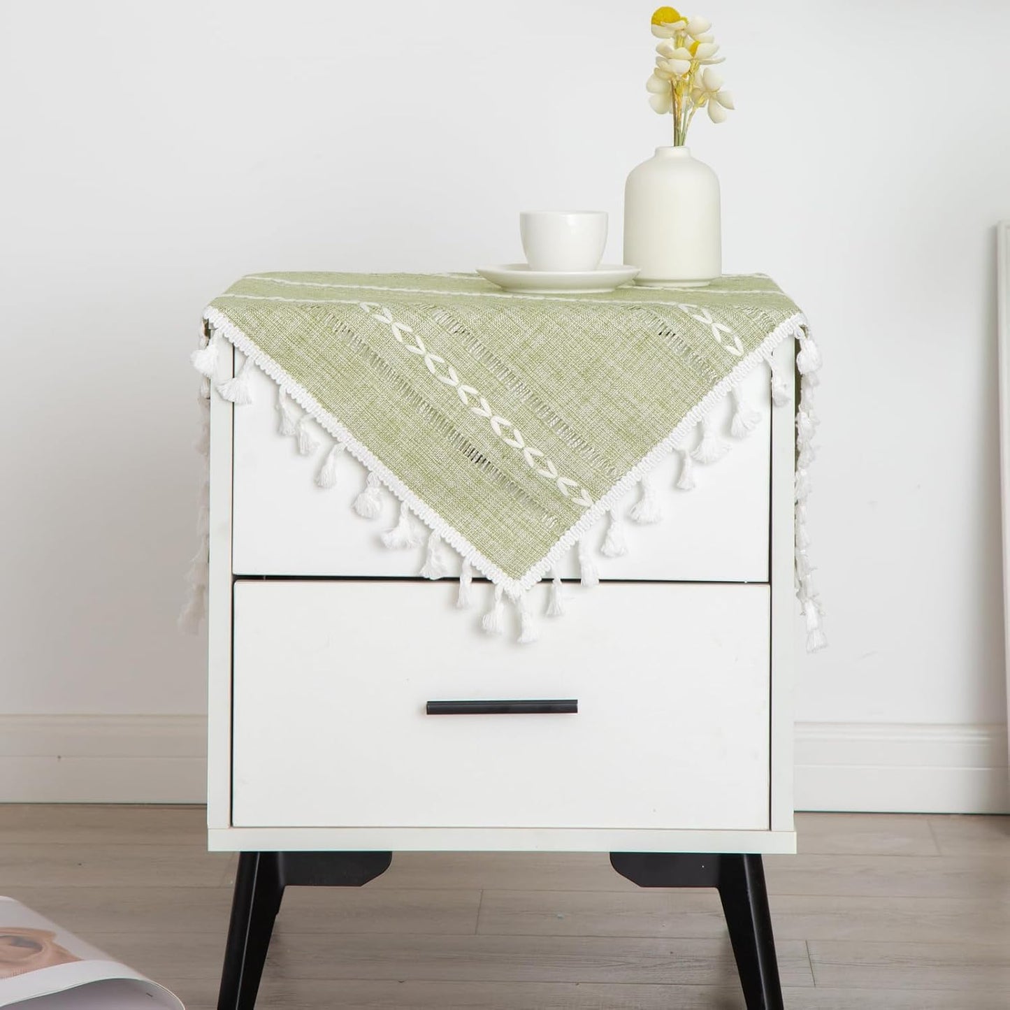 24 24 Inch Rustic Bedside Square Small Tablecloth Striped Embroidered Washable Sage Green Table Cover Farmhouse