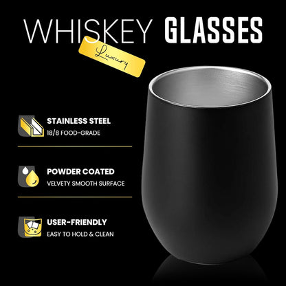 Double-Wall Insulated Whiskey Glass, 12 oz Stemless Nosing Stainless Steel Whisky Glass, Pack of 2