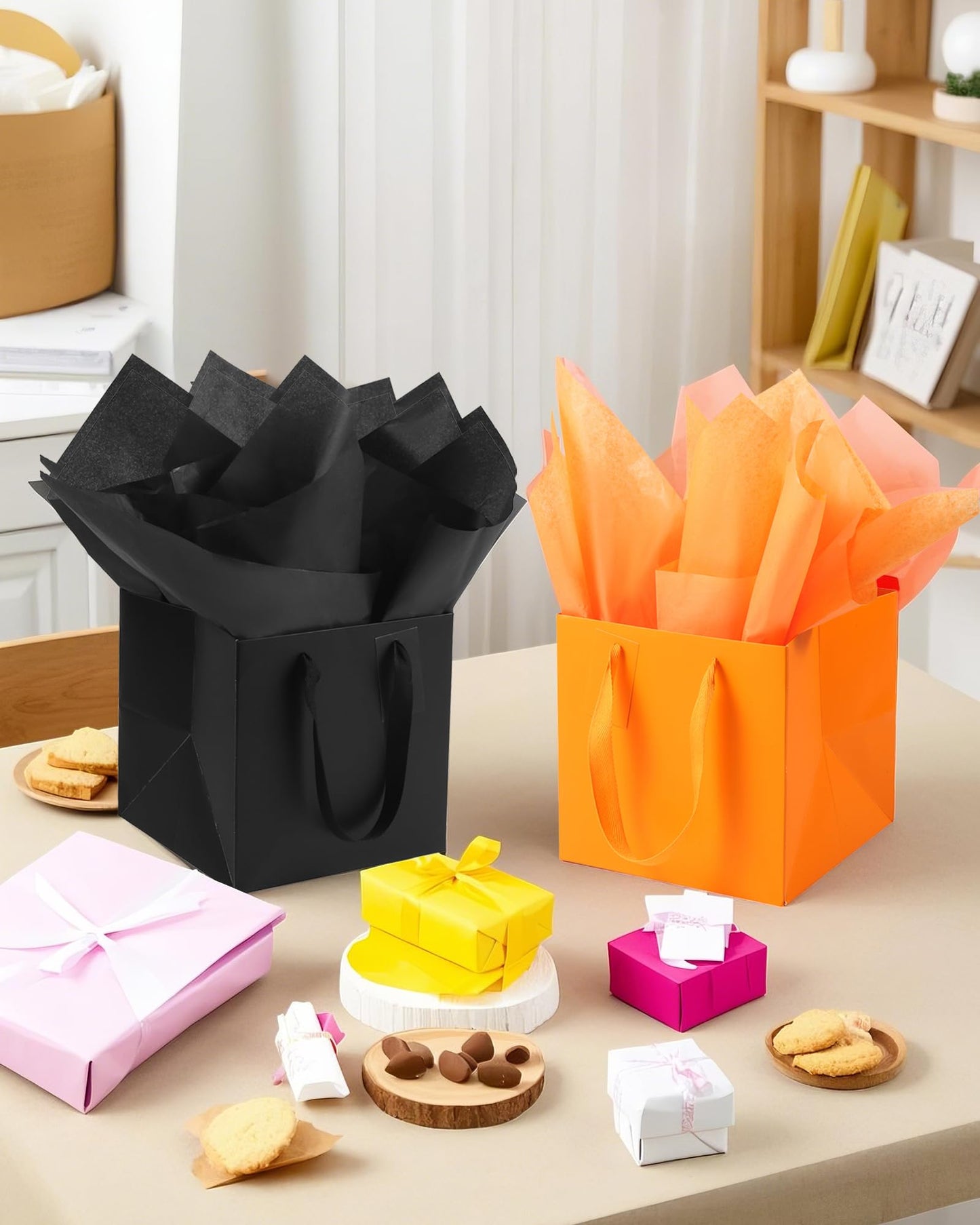 LFCXHTY 10 Pack Square Gift Bags with Tissue Paper Solid Small Orange Gift Bags with Handles for Party Favor Bag (6x6x6 In, Orange)