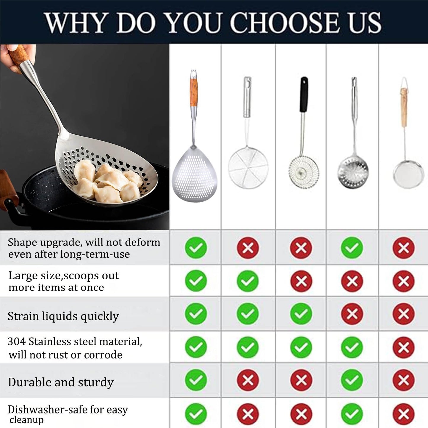KAYCROWN Skimmer Slotted Spoon, 16.8 Inch 304 Stainless Steel Skimmer Ladle Spoon Spider Strainer for Cooking and Frying, Pasta Strainer Frying Spoon for Kitchen