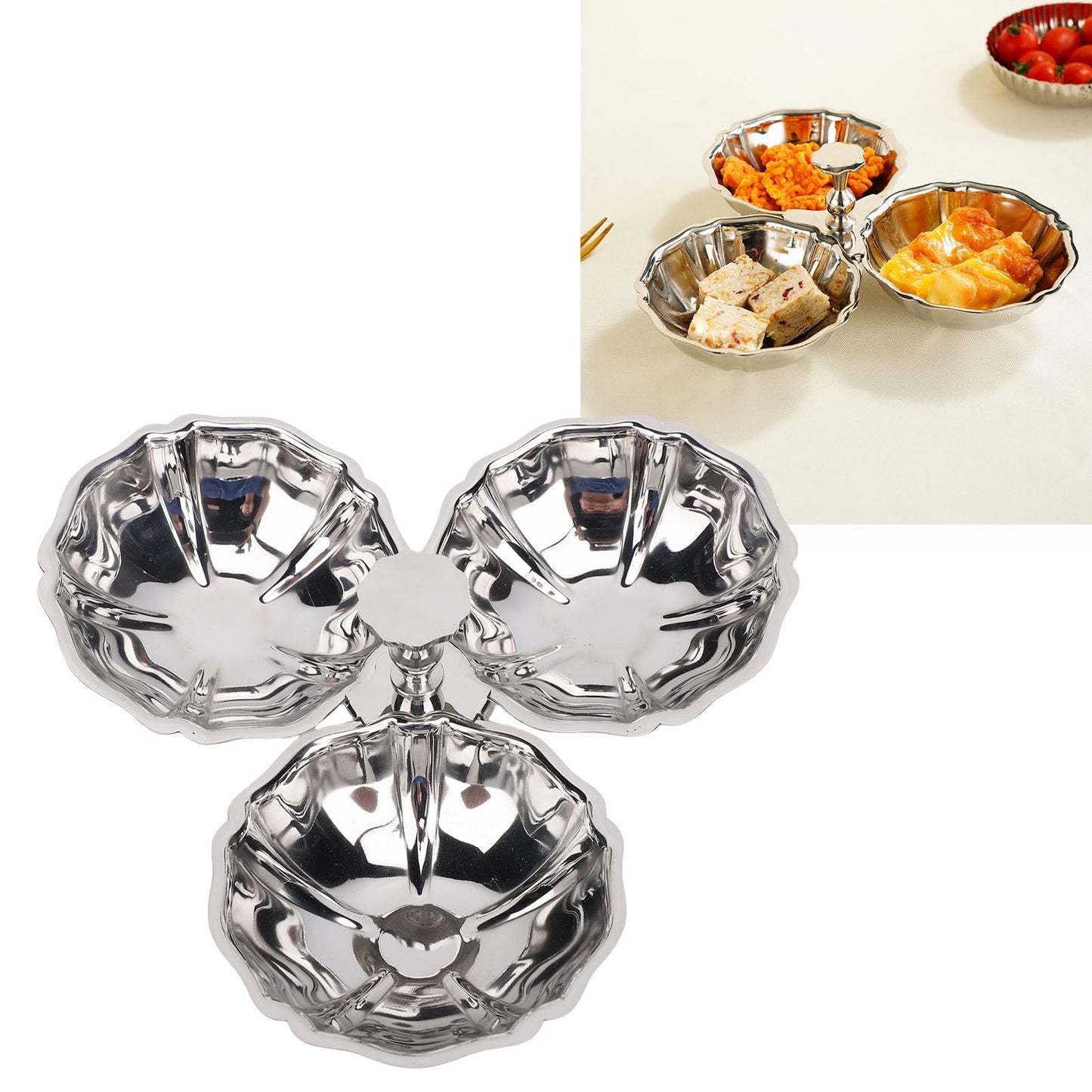 Nurnesy Stainless Steel 3 In 1 Serving Plate with Fruit Bowl, Snack Plate for Home Kitchen Party, Reusable Dessert Plates for Quick Cleanup, Ideal Present for Housewarming Parties