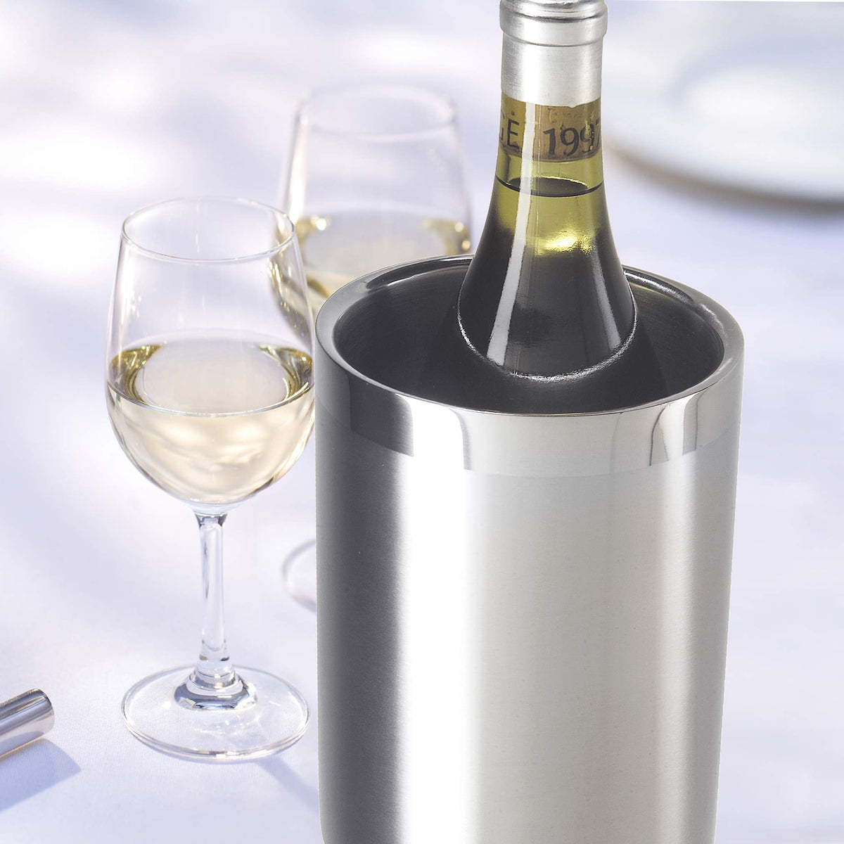 OGGI Stainless Steel Double Wall Wine Cooler - Insulated Tabletop Wine Chiller for White Wine & Champagne, Fits Most Standard Sized Bottles