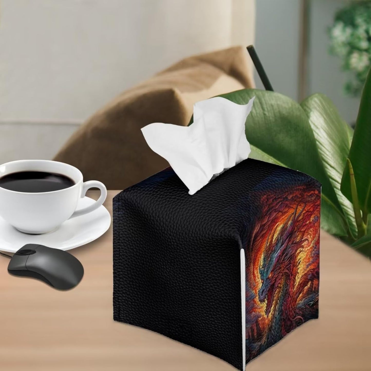 Fire Dragon Tissue Holder Square Cover for Home, Office, and Car, Waterproof Tissue Box Dispenser
