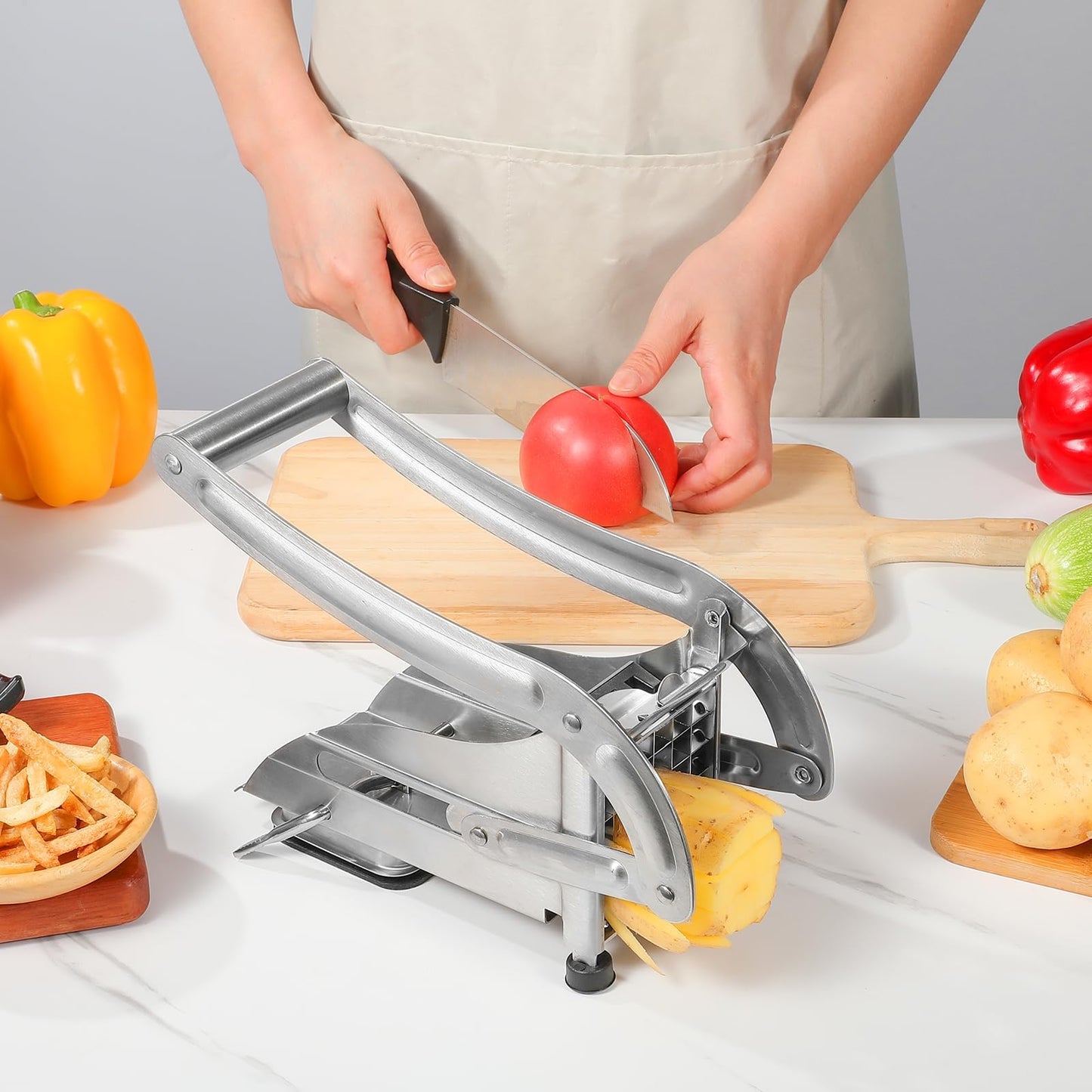 QBGSFSYG Stainless Steel Potato Slicer & French Fry Cutter - 2 Blades (1/2" & 1/3") for Homemade Fries, Non-Slip Suction Base, Easy Chip & Sweet Potato Maker (Silver)