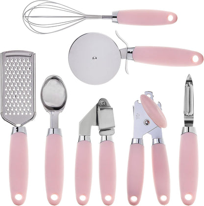 COOK WITH COLOR 7 Pc Kitchen Gadget Set, Stainless Steel Utensils with Soft Touch Handles, Pink