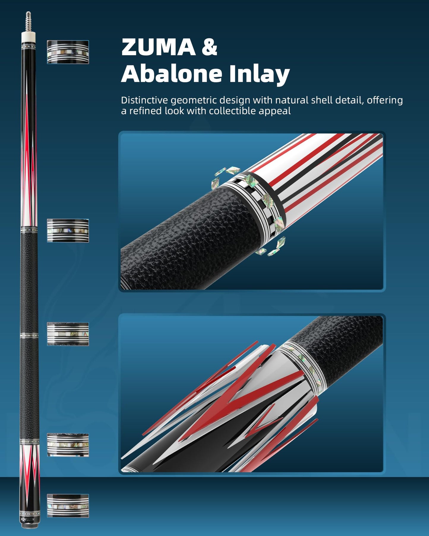 KONLLEN Handcrafted Inlay Carbon Fiber Pool Cue – Low Deflection Performance Billiard Cue