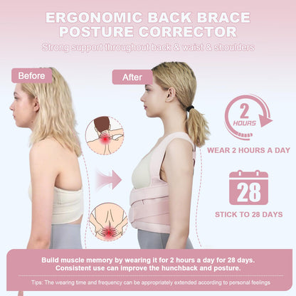 Posture Corrector for Women and Men Upgraded Back Brace, Adjustable Back Support for Upper and Lower Back Pain Relief, Shoulder Straightener for Hunchback, Scoliosis, Lumbar, Spine (Pink, Large)