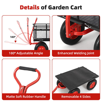 1400 LBS Steel Garden Yard Cart, Heavy-Duty Metal Garden Wagon Convertible 2-in-1 Handle and Removable Sides to Convert into Flatbed Lawn and Utility Wagons Cart