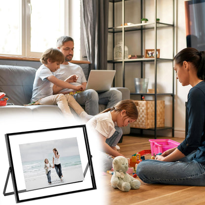 QWORK 6x8 Inch Black Floating Picture Frame Horizontal, Fits 5x7 4x6 3x5 Photos, Glass Double Panel Metal Frame for Tabletop Display