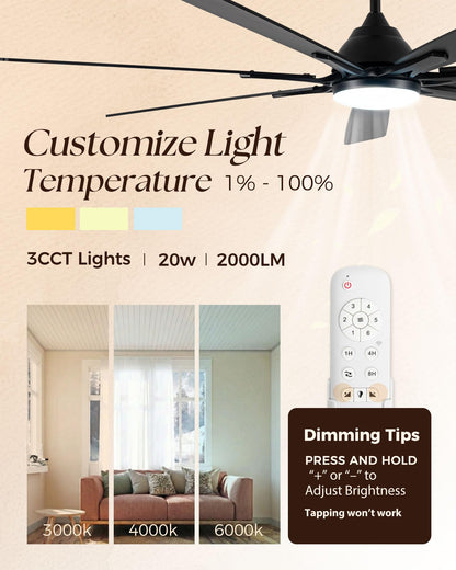 ECOiTEL 84 Inch Smart Ceiling Fan with Alexa APP,Large Black Ceiling Fan with Light,6 Speed,3CCT,Dual Finish 7 Blades,Quiet DC Motor Outdoor Fan for Patio,Big Living Room