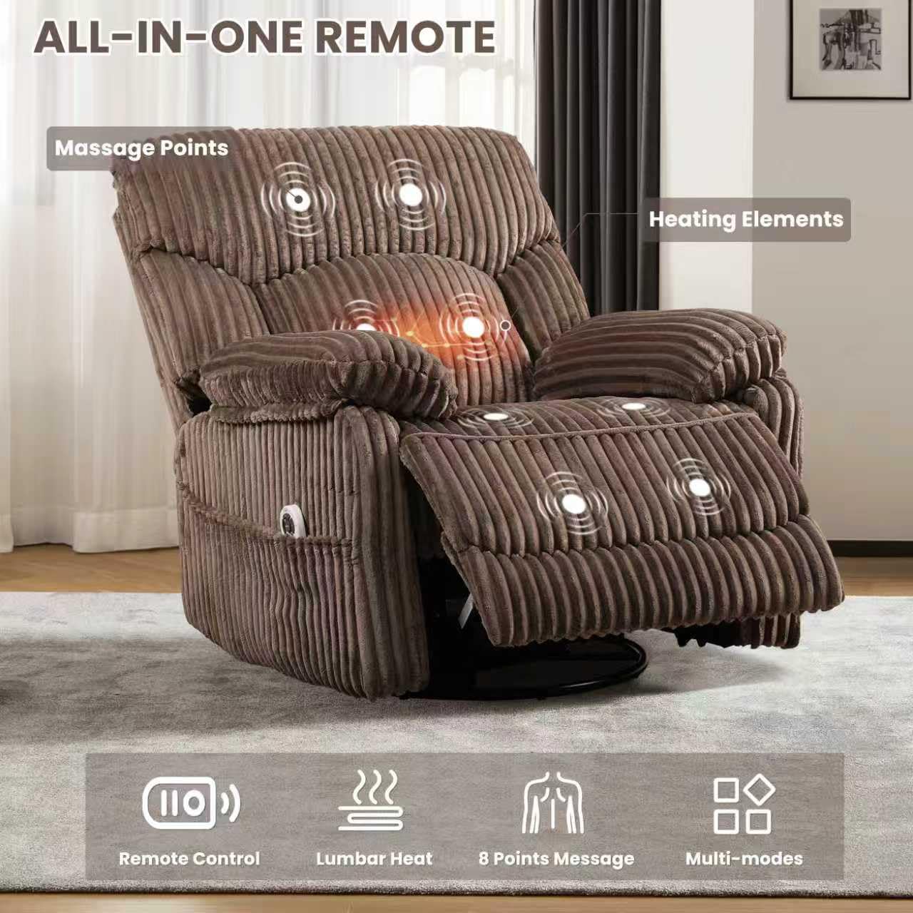 GRAINELL Swivel Rocker Recliner Chair with Massage and Heat, USB Charging Port, Infinite Position Power Recliner, Electric Glider Rocking Chairs for Living Room, Nursery (Brown)