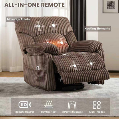 GRAINELL Swivel Rocker Recliner Chair with Massage and Heat, USB Charging Port, Infinite Position Power Recliner, Electric Glider Rocking Chairs for Living Room, Nursery (Brown)