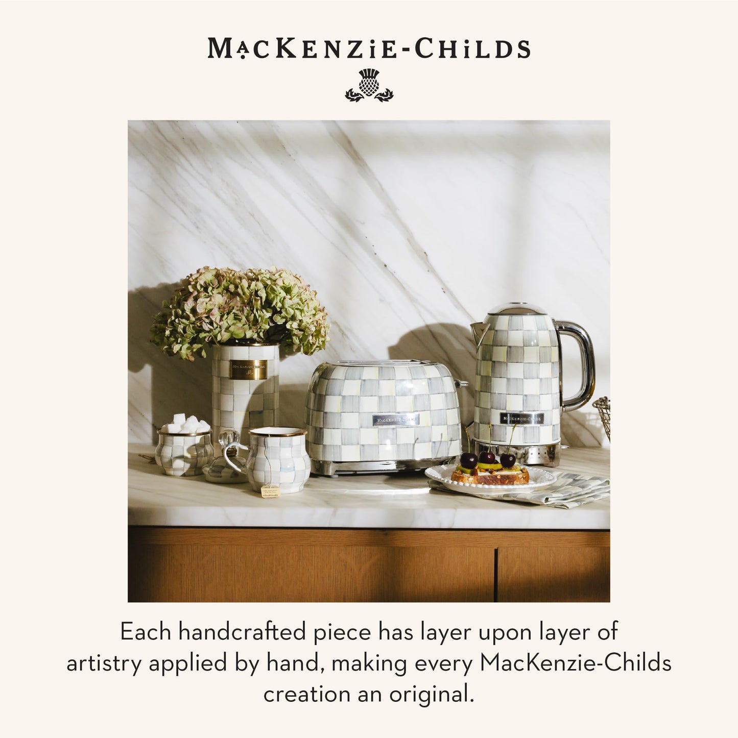 MACKENZIE-CHILDS Coffee French Press, Glass French-Press Coffee Maker, 32-Ounce Capacity, Gray-and-White Sterling Check