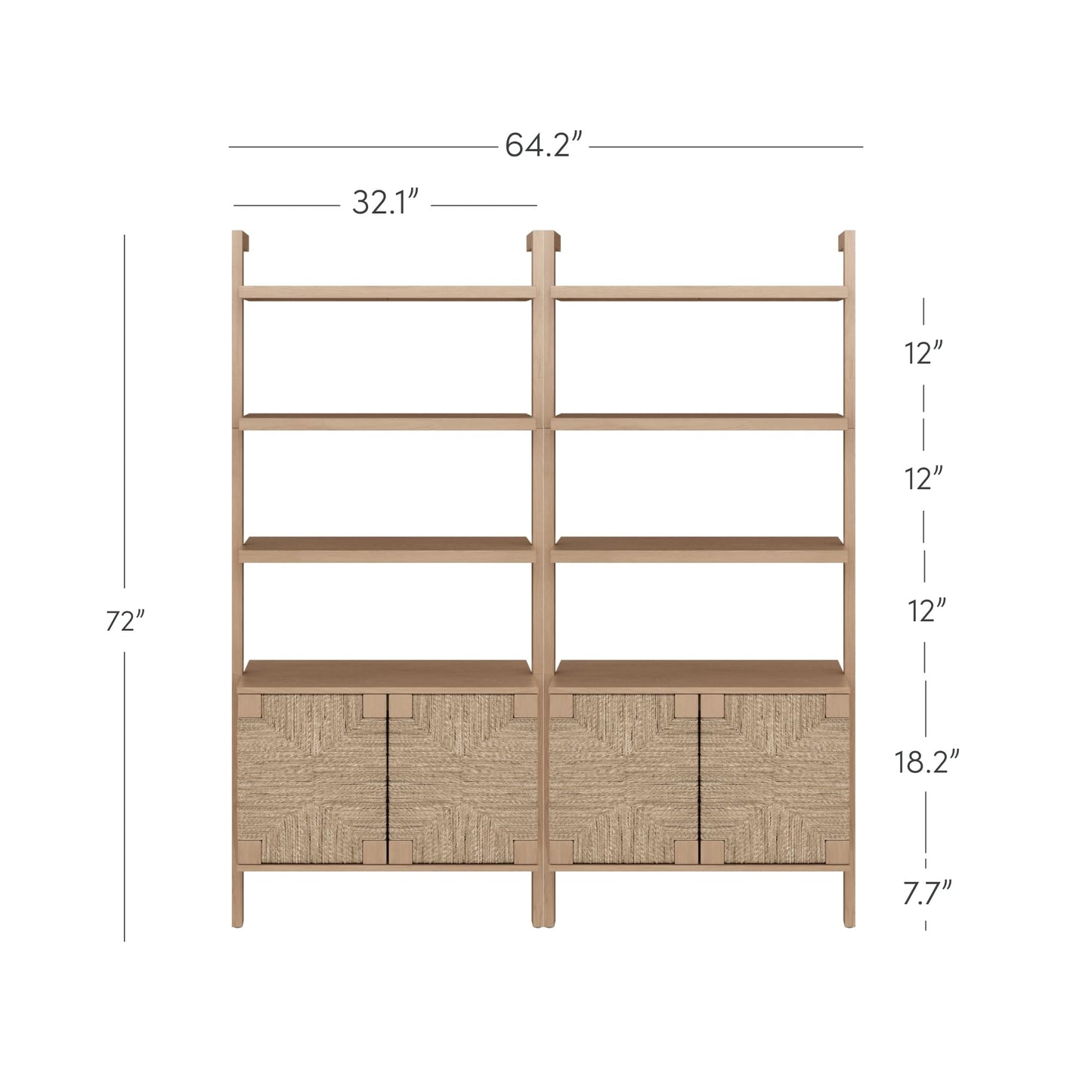 Nathan James Beacon 3-Shelf Bookcase with Seagrass Cabinet, Solid Wood Bookshelf with Storage with Solid Wood Frame, Seagrass/Raw Oak Set of 2