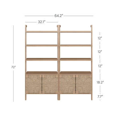 Nathan James Beacon 3-Shelf Bookcase with Seagrass Cabinet, Solid Wood Bookshelf with Storage with Solid Wood Frame, Seagrass/Raw Oak Set of 2