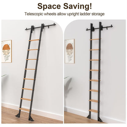 LKCBITION 108inch Carbon Steel Ladder with Oak Steps, Includes 4ft Telescoping Top Rollers & Bottom Brake Wheels Sliding Hardware, Rolling Library Ladder for Loft, Attic, Bookshelf