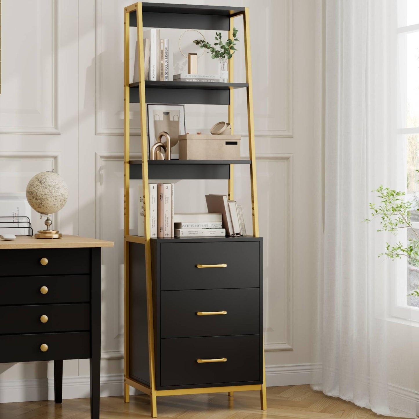 HITHOS 4-Tier Bookshelf, Tall Bookcase with 3 Wooden Drawers, Modern Ladder Book Shlef Storage Organizer for Living Room, Entryway, Office, Black Gold, 2 PCS