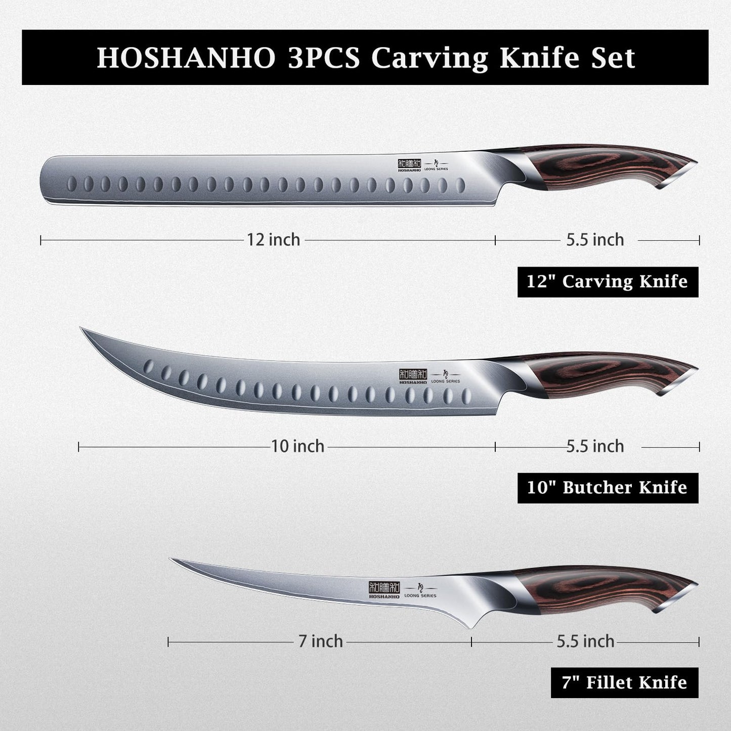 HOSHANHO Carving Knife Set 3PCS, Japanese High Carbon Steel Brisket Slicing Knife Sets with Ergonomic Pakkawood Handle, Butcher Knife Breaking Knife Boning Knife for Meat Cutting
