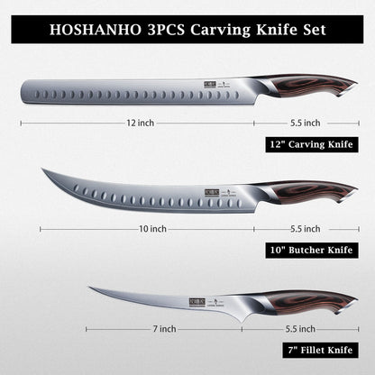 HOSHANHO Carving Knife Set 3PCS, Japanese High Carbon Steel Brisket Slicing Knife Sets with Ergonomic Pakkawood Handle, Butcher Knife Breaking Knife Boning Knife for Meat Cutting