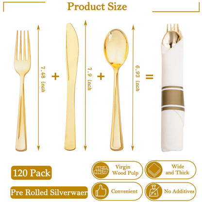 Supernal 120Pack Gold Plastic Silverware Wrapped Plastic Cutlery Set with Napkin,Pre Rolled Napkins with Cutlery Set,Rolled Silverware Disposable For Valentine's Day Mother's Day and Easter