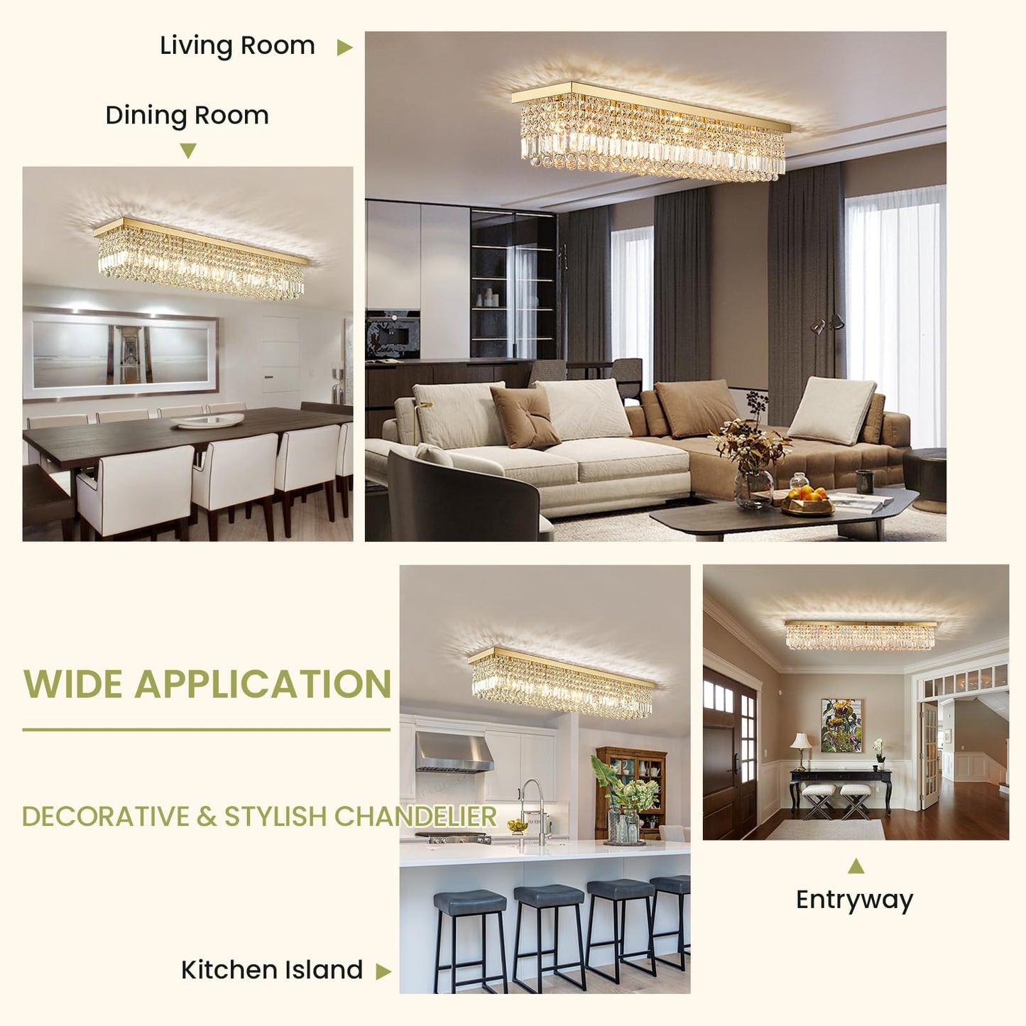 Siljoy 10-Light Modern Crystal Chandelier, Luxury Gold Rectangular Flush Mount Ceiling Light, Large Rectangle Raindrop Chandelier for Living Dining Room Kitchen Island Bar L47'' x W10'' x H10''