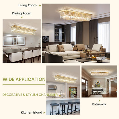 Siljoy 10-Light Modern Crystal Chandelier, Luxury Gold Rectangular Flush Mount Ceiling Light, Large Rectangle Raindrop Chandelier for Living Dining Room Kitchen Island Bar L47'' x W10'' x H10''