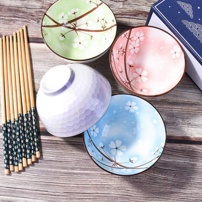Ceramic Snack Bowl Set of 4 with Chopsticks, Cereal, Rice, Soups, Four Colors: Green, Blue, Pink, Purple, Beautiful Box