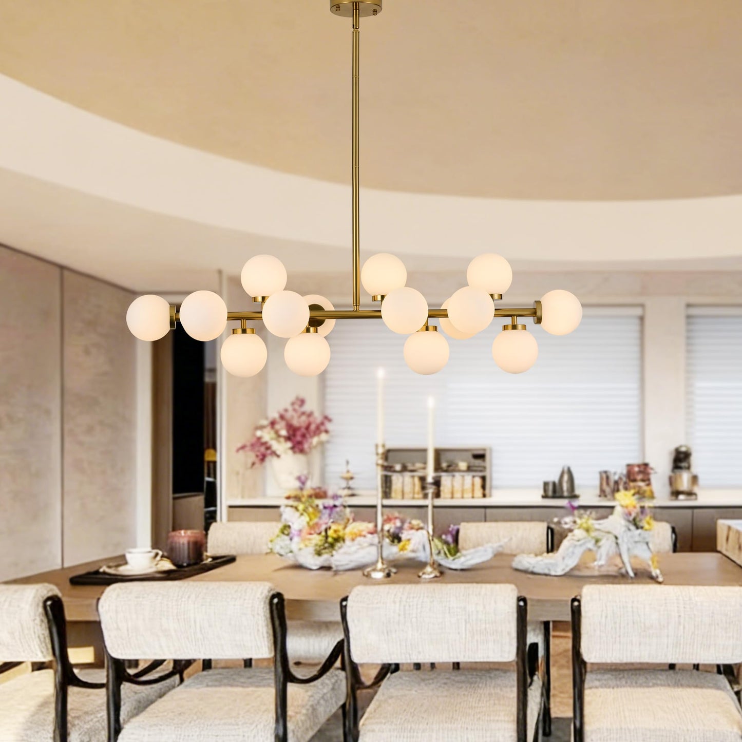 XILICON Linear Chandeliers Modern Brushed Brass Chandeliers for Dining Room 16-Lights and White Glass Pendant Lighting Mid Century Globe Dining Light Fixture for Living Room Kitchen