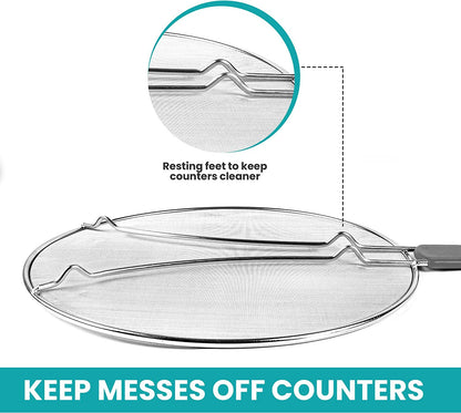 13" Grease Splatter Screen for Cooking | Stainless Steel Oil Splatter Guard and Ultra-Fine Mesh Protects Skin from Burns | TPR Tight-Grip Handle (Grey)