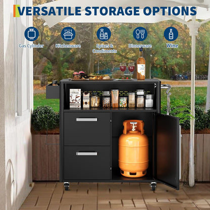 Heavy-Duty Outdoor Grill Cart with Stainless Steel Prep Table,Mobile BBQ Island Cart with Spacious Storage Cabinet & Lockable Wheels, Multi-Function Patio Kitchen Station for Grilling & Outdoor
