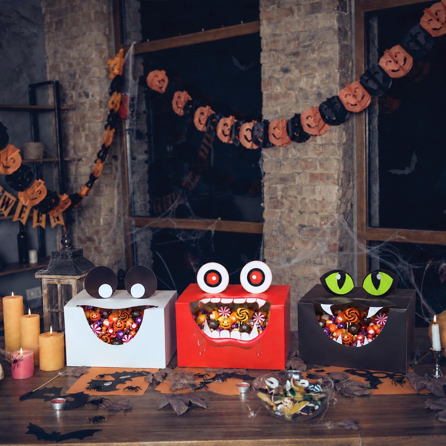 THAWAY 36 Pcs Halloween Treat Boxes with Funny Big Opening Design, Paper Candy Gift Goodie Boxes for Party Favors, Classroom Gift Exchange and Trick or Treating (6 Spooky Designs, 6x4x4 Inches)