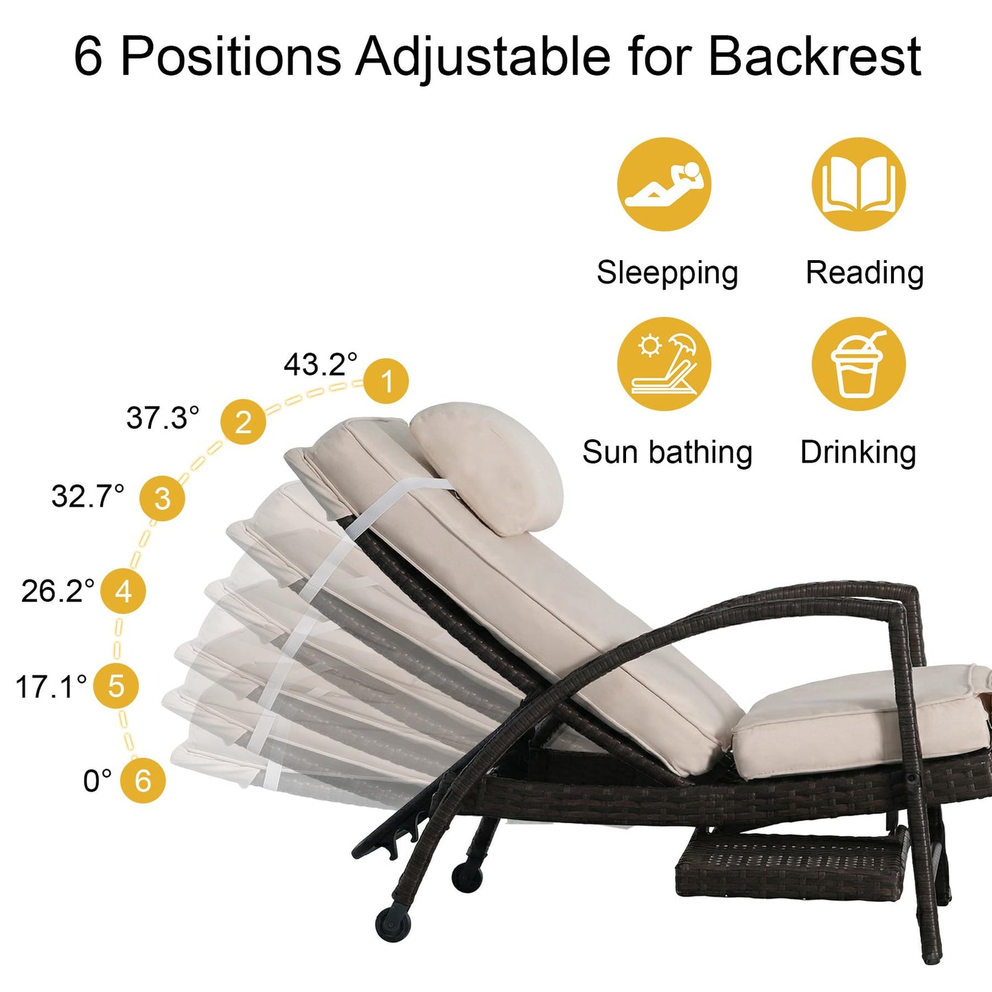 Chaise Lounge Chairs Set of 2, 6-Position Adjustable Outdoor Recliner with Side Table & Wheel,All-Weather PE Rattan Wicker Patio Lounge Chair With Removable Cushion for Poolside Backyard Beach (Beige)