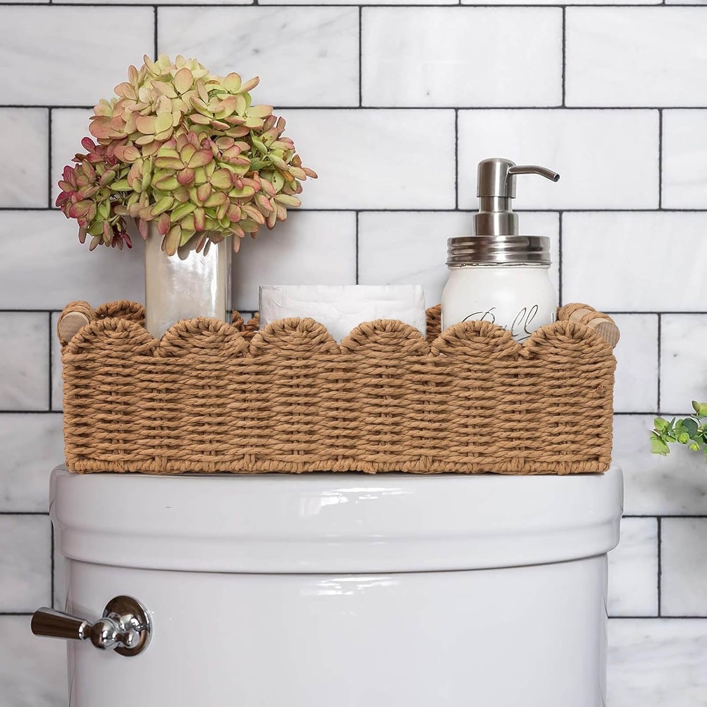2 CubesLand Paper Rope Scalloped Edge Toilet Paper Storage Basket, Small Living Room, Bedroom Decor Baskets for Over