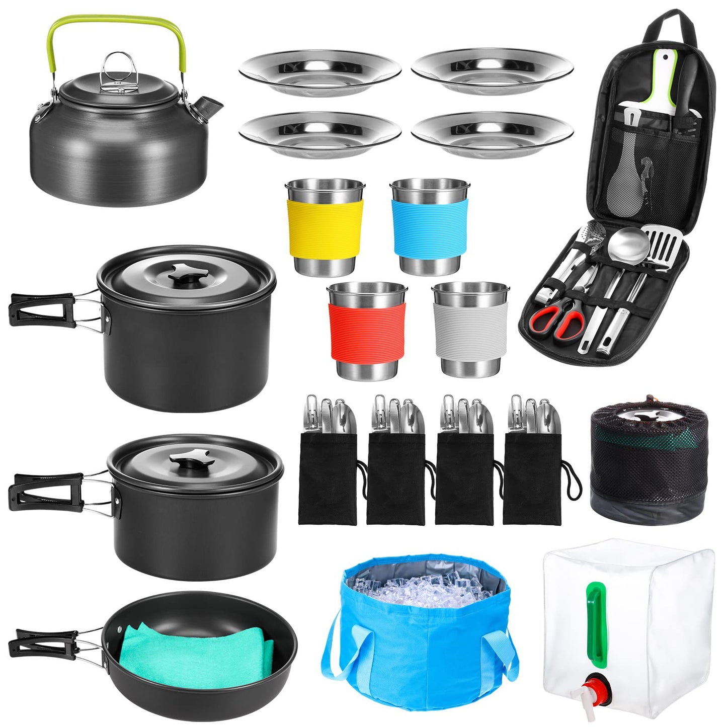 Gejoy 42 Pcs Camping Cookware Mess Kit, Non Stick Lightweight Pots Pan Kettle, Collapsible Water Container and Bucket, Stainless Steel Cups Plates Forks Knives Spoons for Outdoor Backpacking Picnic