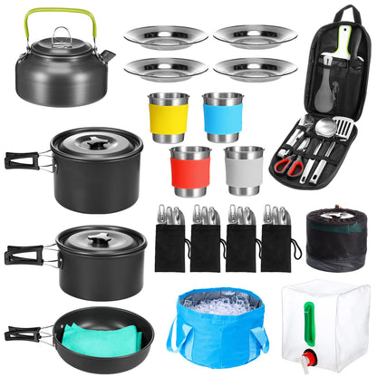Gejoy 42 Pcs Camping Cookware Mess Kit, Non Stick Lightweight Pots Pan Kettle, Collapsible Water Container and Bucket, Stainless Steel Cups Plates Forks Knives Spoons for Outdoor Backpacking Picnic