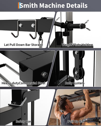 Garvee Smith Machine with Bench, Heavy Duty Power Cage Squat Rack with Smith Bar, LAT Pulldown System, Chest Station & More Training Attachment, Home Gym Equipment for Strengthen Training