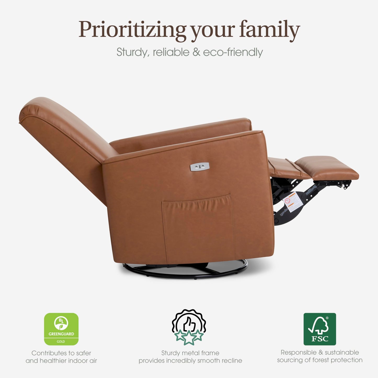 Evolur Harlow Upholstered Power Glider Recliner with USB Charging – Rocking & 275° Swivel with Smooth Glide – Greenguard Gold & FSC Certified – Modern Nursery and Living Room Chair in Cognac