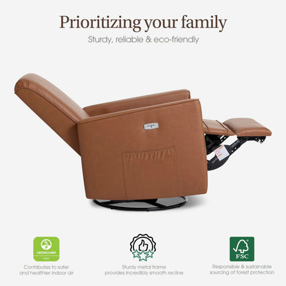 Evolur Harlow Upholstered Power Glider Recliner with USB Charging – Rocking & 275° Swivel with Smooth Glide – Greenguard Gold & FSC Certified – Modern Nursery and Living Room Chair in Cognac