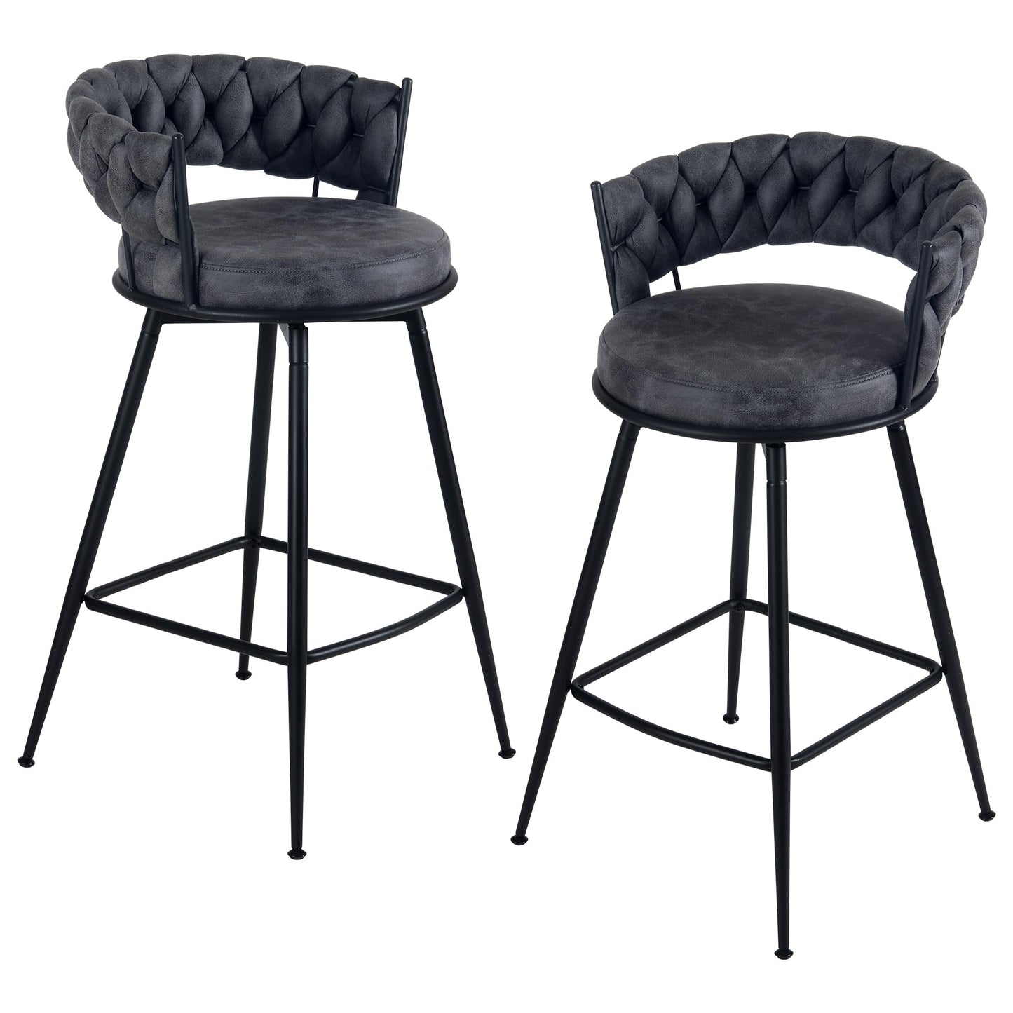 YOUNIKE Bar Stools Set of 2, 28.7 inch Seat Height Bar Chairs, 360° Swivel Counter Height Barstools with Woven Back and Armrest, Upholstered Suede Fabric Counter Stools for Kitchen Island, Pub, Grey