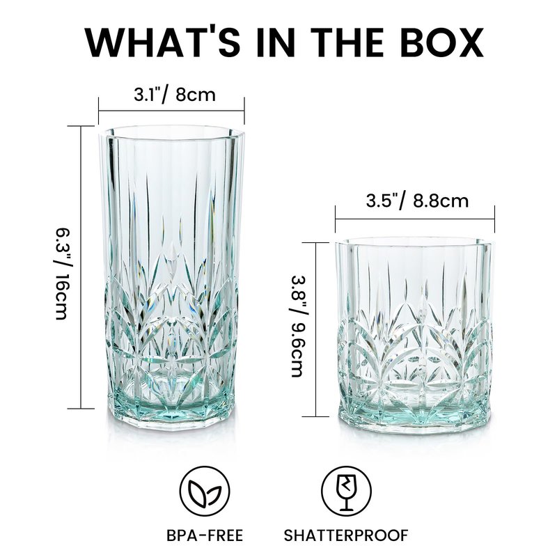 BELLAFORTE Shatterproof Tritan Plastic Drinking Glasses. 13oz & 18oz Water Glasses Set of 6 - Myrtle Beach Glasses Drinking - Unbreakable Tumblers for Parties - BPA Free, Dishwasher Safe (Clear)