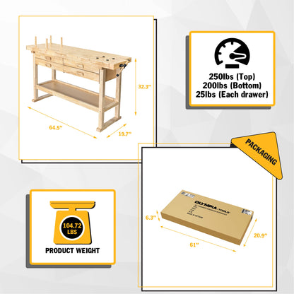 Olympia Tools 64.5” Rubber Hardwood Workbench with 4-Drawers & Clamp, 450 lb Capacity – Heavy-Duty Woodworking Storage, Tools Organizer, and Craftsman Standing Station Table for Workshop