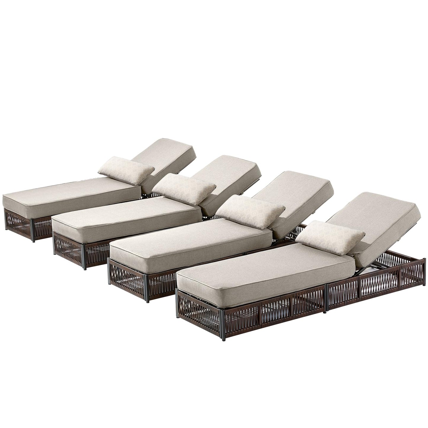 ACTREST Luxury Outdoor Chaise Lounges with 5 Inch Thickened Cushions - Set of 4 High Back Brown Wicker Patio Recliners Rattan Reclining Chairs Porch Poolside Pool Sunbathing Lounger- Beige