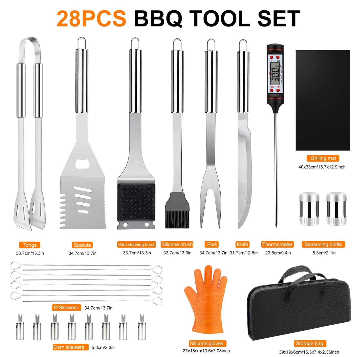 28PCS Stainless Steel BBQ Grill Accessories Set, Grilling Gifts for Men Birthday Father's Day, Portable Multifunction Grilling Utensils Tools Kit with Storage Bag for Outdoor Grill Camping BBQ Party