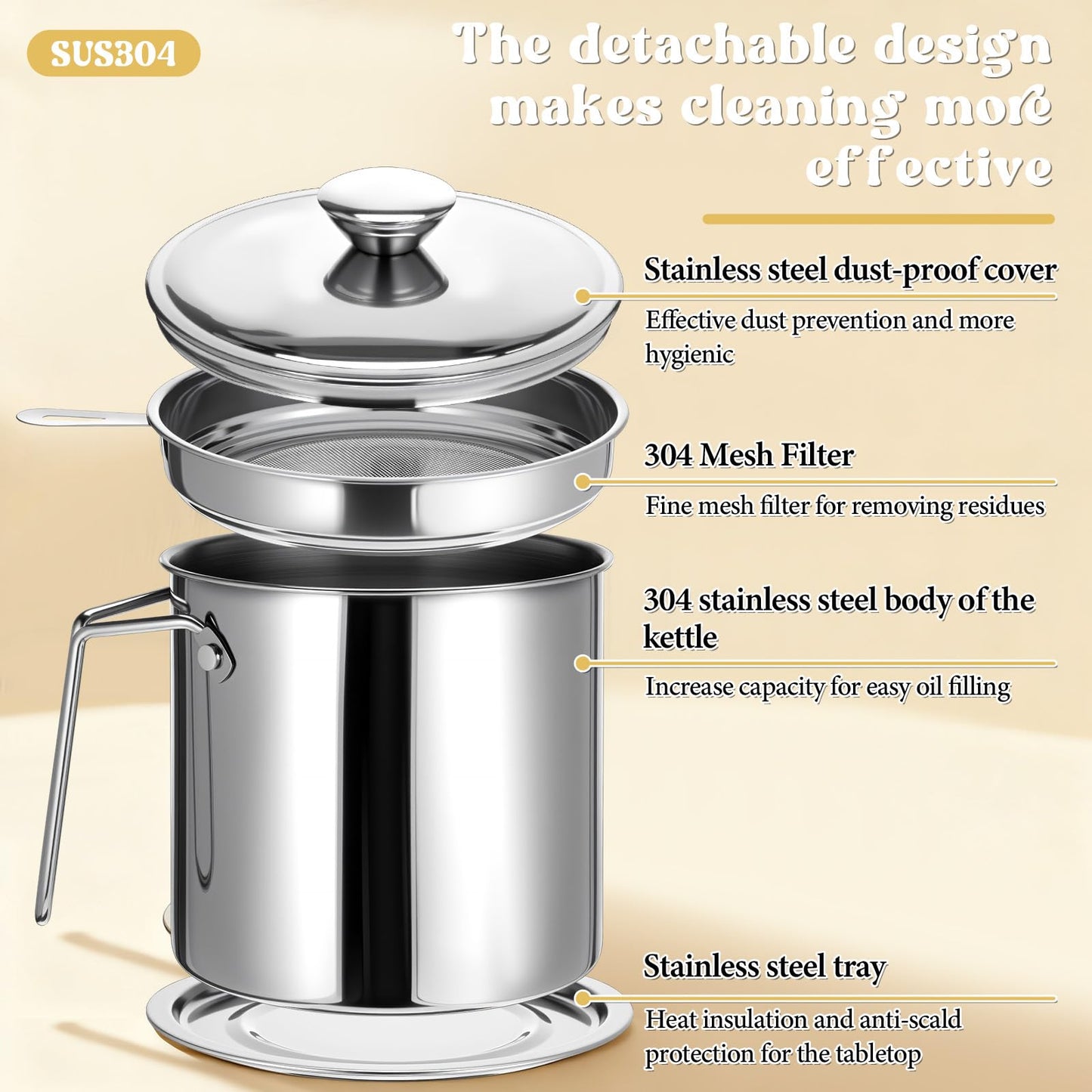 1.8L / 61 oz Bacon Grease Container with Strainer, 304 Stainless Steel Grease Container, Oil Filter with Fine Mesh Strainer and Dust-Proof Lid for Storing Frying Oil