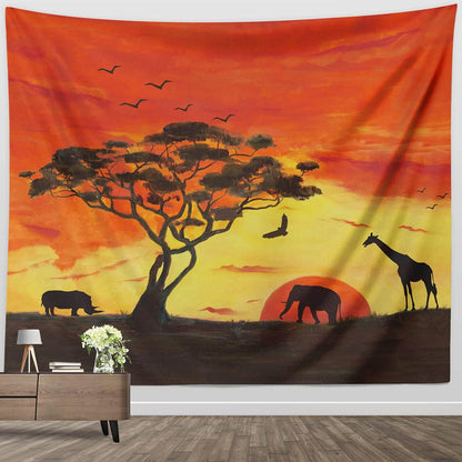 BROSHAN Large Tapestry for Bedroom, Orange African Wildlife Tree at Sunset Nature Landscape Tapestries Wall Hanging