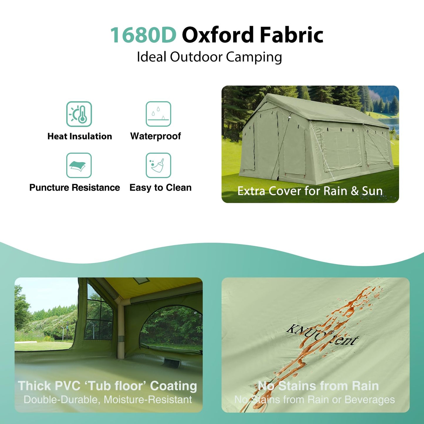 KNUO 2026 Upgraded Waterproof Inflatable Camping Tent for Winter with Rain Cover for 4~6 People, Large Blow-Up Air Tent, No Assembly Needed Luxury Glamping House, 12x12ft Oxford Fabric, Green